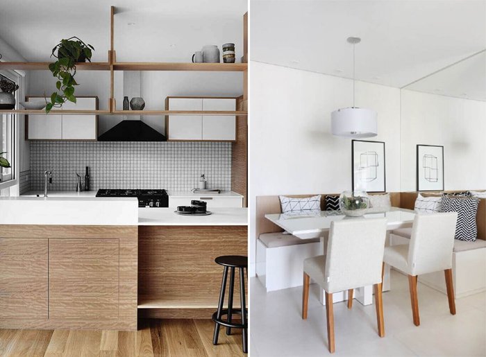 móveis brancos e de madeira na decoração minimalista