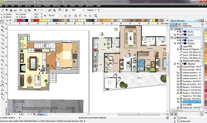 tela do coreldraw com projeto de arquitetura