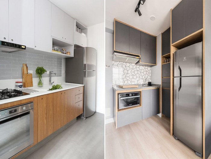 dois exemplos de cozinhas com armários planejados