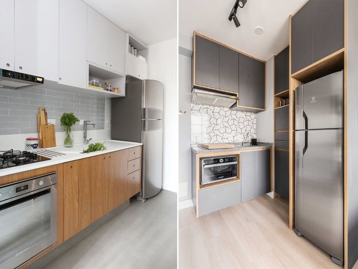 dois exemplos de cozinhas com armários planejados