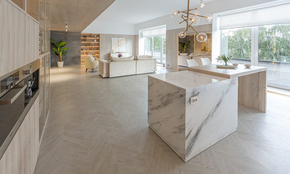 cozinha moderna com ilha de mármore e integrada com a sala