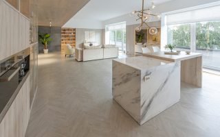 cozinha moderna com ilha de mármore e integrada com a sala
