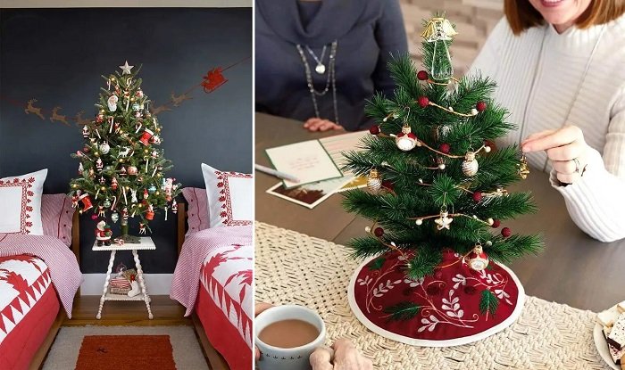 árvore de natal colocada no quarto ou na mesa de jantar